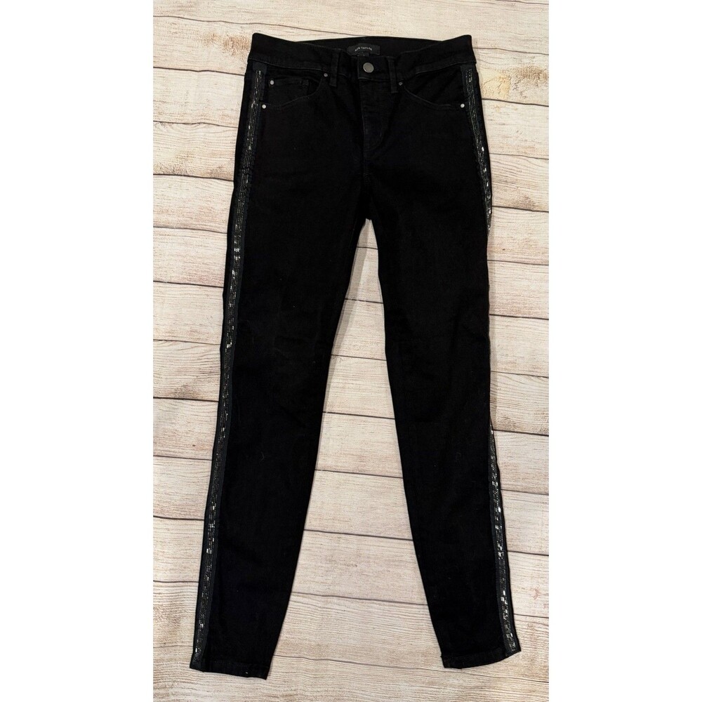 Ann Taylor Skinny Jeans Size 2 Black Mid Rise Shiny Bling Beading Sides